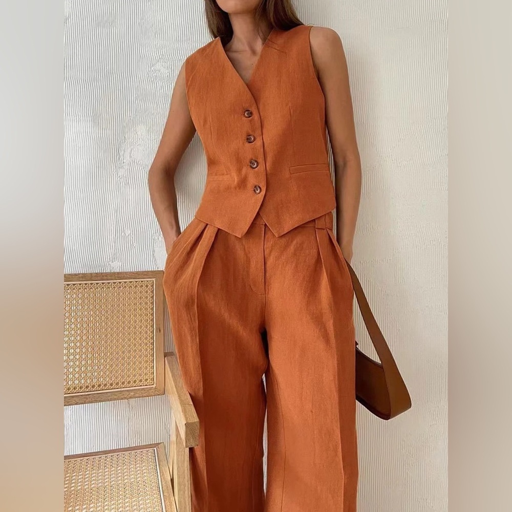 Women's Orange Linen Blend Pants & Vest Set - Picture 2 of 8